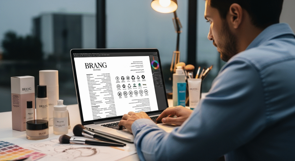 A professional designer working on a cosmetic product label, with Arabic and English text, and regulatory icons visible on the screen, surrounded by beauty product packaging.