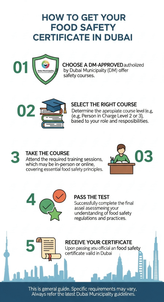Steps to get your food safety certificate in Dubai, including course selection, training, and certification process.