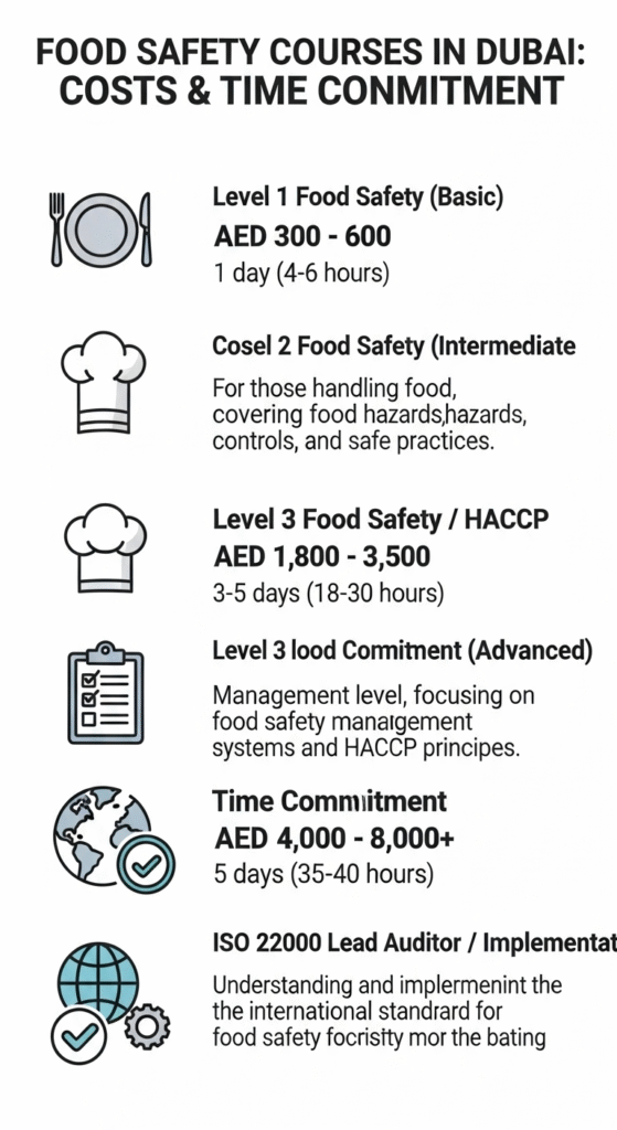 Costs and time commitment for different food safety courses in Dubai, such as Level 1, Level 2, Level 3/HACCP, and ISO 22000.